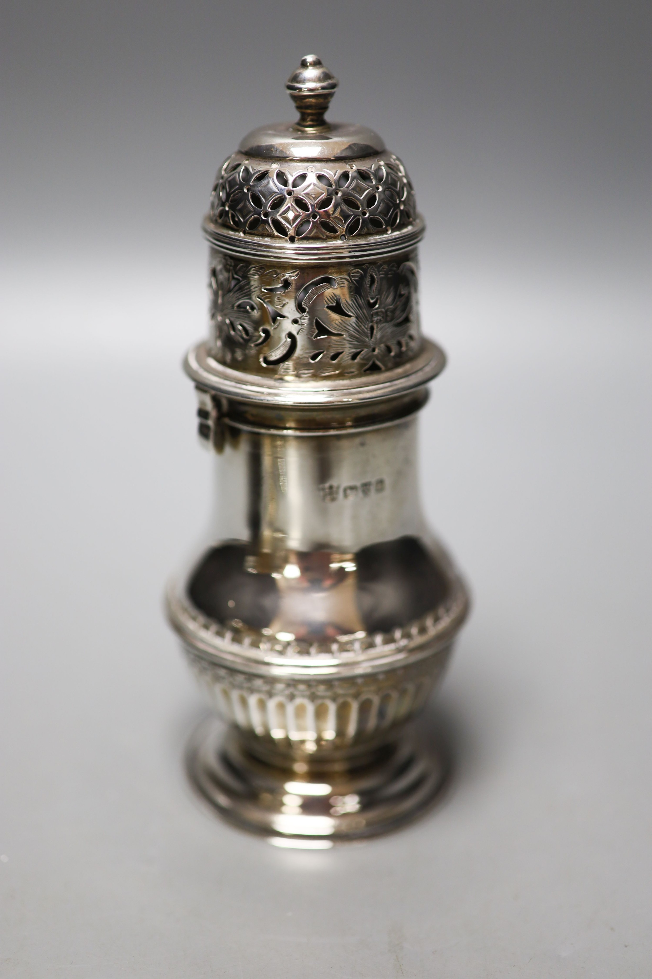 A Victorian silver travelling telescopic cup, Wright & Davis, London, 1881, 89mm, two sugar casters, a mounted glass tidy and a silver mounted salts bottle.